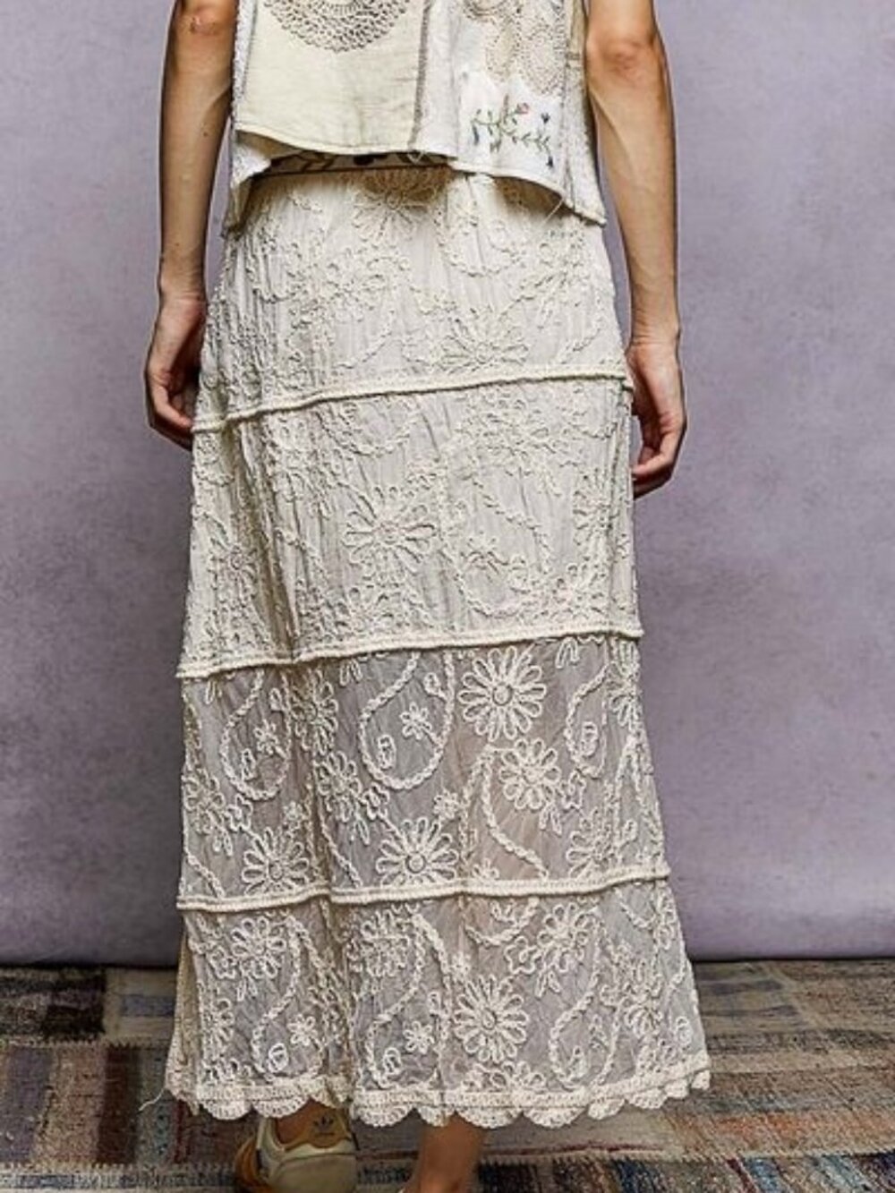Floral Embroidered Tiered Crochet Skirt Boho Cottagecore Style - Picture 3 of 5
